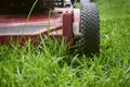 Mow lawn low angle of lawnmower cutting grass. Royalty Free Stock Photo