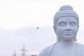 Low angle close up shot of white Buddha statue with a flying bird blurred in the background Royalty Free Stock Photo