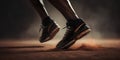 Low angle closeup to athlete feet wearing sports shoes, movement action, AI generative image