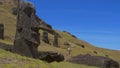 LOW ANGLE: Curious female tourist walks along a trail running past moai statues. Royalty Free Stock Photo