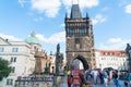 Low angle detail historic Charles Bridge gate and Tower, it`s G