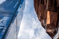 Low angle graphic view of skyscrapers and the Vessel building parts, sunny blue sky, New York City - Image