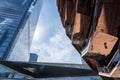 Low angle graphic view of skyscrapers and the Vessel building parts, sunny blue sky, New York City - Image