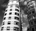 Low angle grayscale shot of buildings in Valencia, Spain