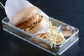 Low angle hamburger with beef burger cutlet, fried onion, ketchup sauce and french fries in traditional buns Royalty Free Stock Photo