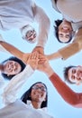 Low angle, hands or happy people portrait in meeting for innovation, success or project development. Collaboration