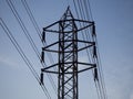 Low angle high voltage electric pole with blue sky