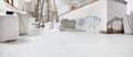 Low angle of indoor shot of construction or building site of home renovation with tools with paint buckets and primer jerry can on Royalty Free Stock Photo