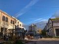 Low-angle of Kopli suburban area in Tallinn, Estonia, with old factory buildings, sky background