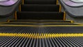 Low angle looped perspective view of modern escalator stairs. Automated elevator mechanism. Yellow line on stairway illuminated Royalty Free Stock Photo