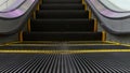 Low angle looped perspective view of modern escalator stairs. Automated elevator mechanism. Yellow line on stairway illuminated Royalty Free Stock Photo