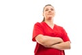 Low angle of medical nurse scrub standing with arms crossed Royalty Free Stock Photo