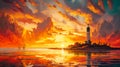 Low-Angle Perspective of Lighthouse, Sailboats, and Billowing Clouds at Sunset, Capturing the Essence of Seascape - Generative AI Royalty Free Stock Photo