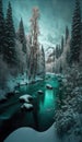 Low angle perspective photography, a turquoise river running through A wintery mountain forest