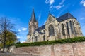 Low angle perspective of Roman Catholic St. Michael Abbey church seen from the south