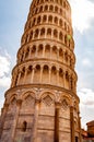 Low angle perspective view on the famous leaning Tower of Pisa or La Torre di Pisa at the Cathedral Square, Piazza del Duomo with Royalty Free Stock Photo