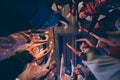 Low angle photo of cheerful positive crowd people students celebrate festive events stand round circle dance have fun Royalty Free Stock Photo