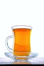 Low angle photo of cup with hot tea on white background