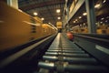 Low angle point of view of a warehouse conveyor belt. Generative ai