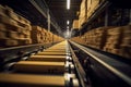 Low angle point of view of a warehouse conveyor belt. Generative ai