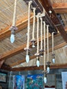 Low angle of a rustic interior deco with vintage lamps hanging from the ceiling