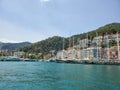 Low-angle of seascape and boats riding clear sky background at Fethiye, Turkey
