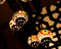 Low angle shot of Arabian lamps with some shadows on the ceiling