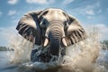 Bottom angle view of big elephant walking through desert splashing water in cloudy sky.