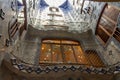 Low angle shot of the blue tiles inside Casa Batllo of Gaudi