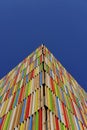 Low-angle shot of a building facade design with colorful tubes, modern architecture