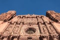 Low angle shot of the Cahedral Basilica of Zacatecas in Mexico against a blue sky