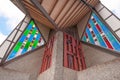 Low angle shot of the colorful stained glass of Futuna Chapel in Karori Suburb in New Zealand