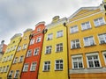 Low angle shot of colorful tenament houses facades in old city of Gdansk, Poland