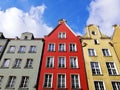 Low angle shot of colorful tenament houses facades in old city of Gdansk, Poland