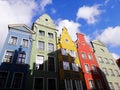 Low angle shot of colorful tenament houses facades in old city of Gdansk, Poland