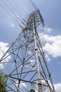Low angle shot of Electricity tower for tansmission line in Japan. Royalty Free Stock Photo