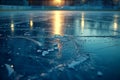 Low angle shot of an empty ice rink in ice hockey stadium. Clean, freshly poured ice, stands for spectators, two rows of Royalty Free Stock Photo