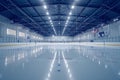 Low angle shot of an empty ice rink in ice hockey stadium. Clean, freshly poured ice, stands for spectators, two rows of Royalty Free Stock Photo