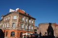 Low angle shot of the facade of historical buildings in Feta street and Warsaw Barbican in Warsaw