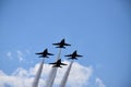 Low angle shot of four fighter jets with big trails maneuvring in the sky during an air show