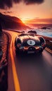 A Low angle Shot of a Glossy 1963 McClaren Spider Race Car Speeding Down the Big Sur Pacific Coast Highway Landscape Background AI