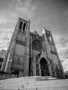 Low angle shot of Grace Cathedral on Nob Hill, San Francisco, USA, in grayscale