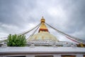 Low angle shot of the great Boudhanath Stupa in Kathmandu, Nepal on a cloudy day Royalty Free Stock Photo