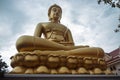 Low angle shot of a huge golden buddha statue on a blue background of sky Royalty Free Stock Photo