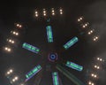 Low angle shot of illuminated Kermis attraction on black night sky background