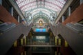 Low angle shot of the interior of the Antwerpen-Centraal railway station, with the stairways visible