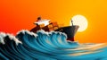 Low angle shot of a large container ship sailing on huge ocean waves.