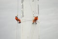 Low angle shot of male workers in professional overalls painting a tower