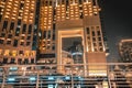 Low angle shot of modern high skyscrapers at night in the downtown of Dubai Marina Royalty Free Stock Photo