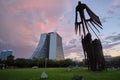 Low angle shot of the Monument To AÃÂ§orianos under the colorful sky captured in Brazil